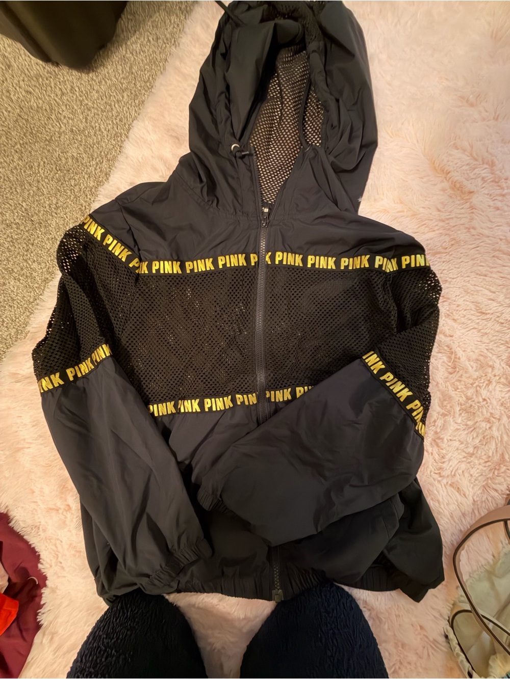 ⭐️PINK Victoria's Secret Black Hooded Mesh Bomber with Yellow Logo Trim